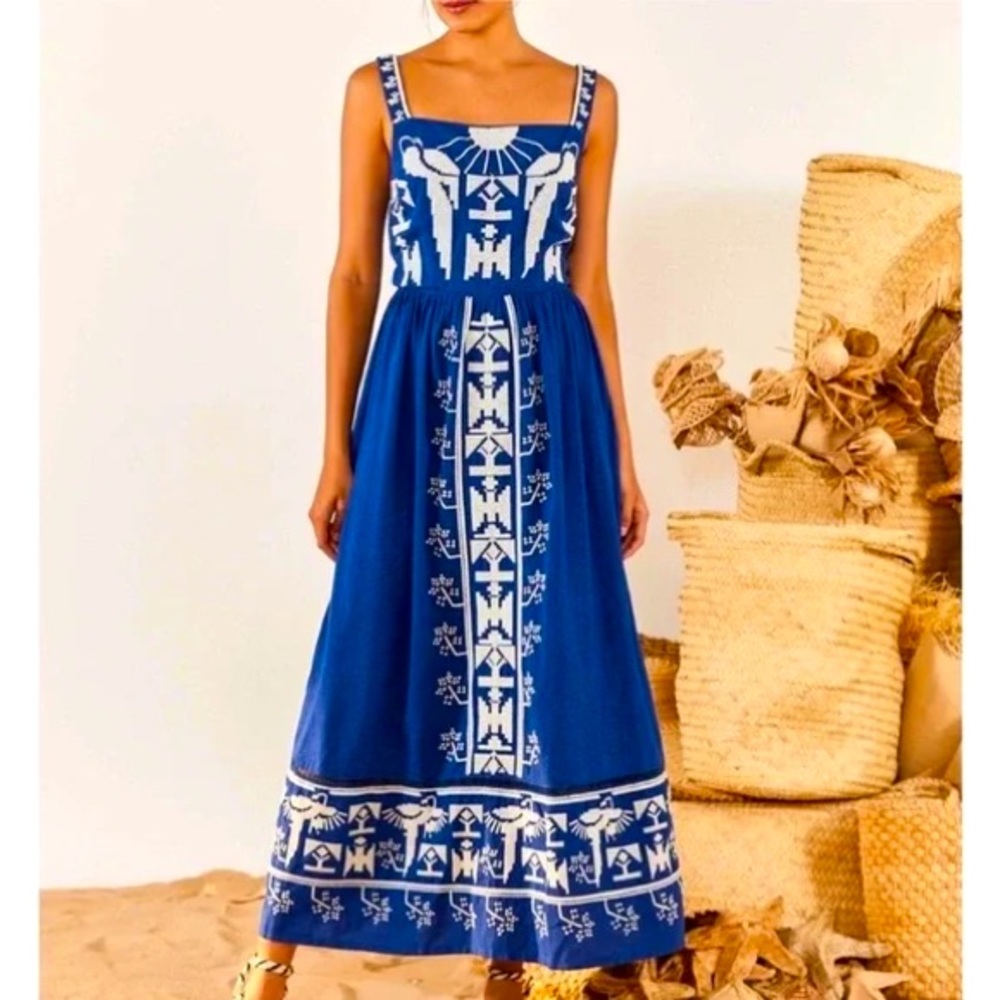 NWT Farm Rio Navy Macaw Embroidered Maxi Dress 🦜